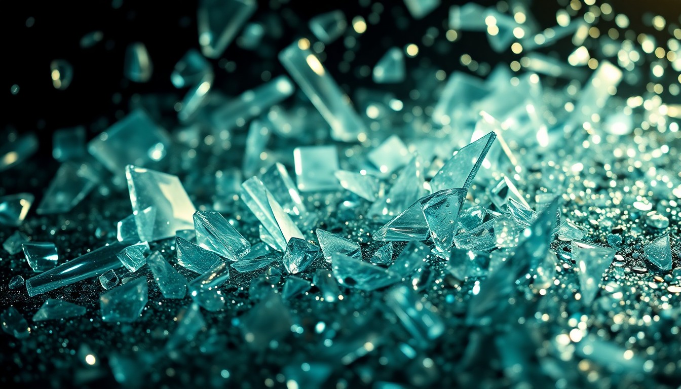 An abstract close-up image featuring shattered glass and glittering sequins, captured in dramatic high-contrast studio lighting to evoke the glamour and mystery of the entertainment industry.