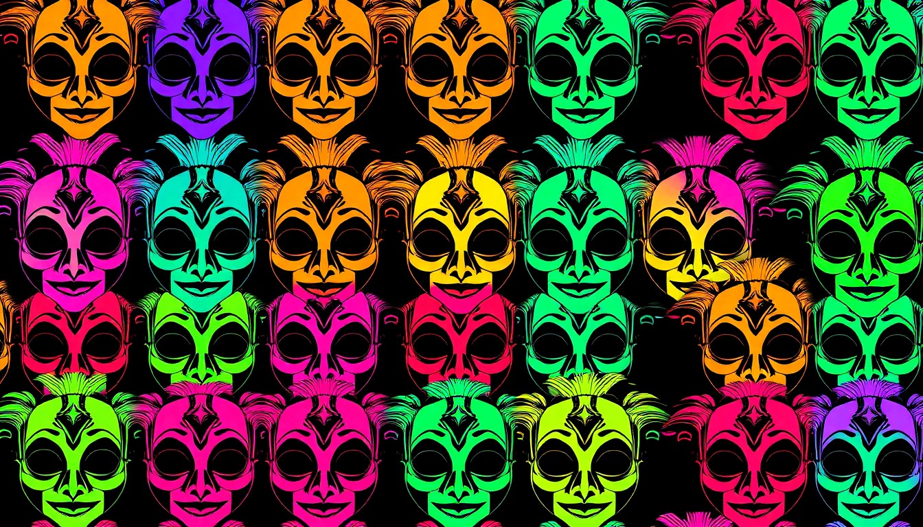 A high-contrast silkscreen print in neon colors depicting a repeated pattern of a traditional Colombian carnival mask or costume item, conveying the festive and artistic spirit of the Carnaval de Barranquilla celebration.