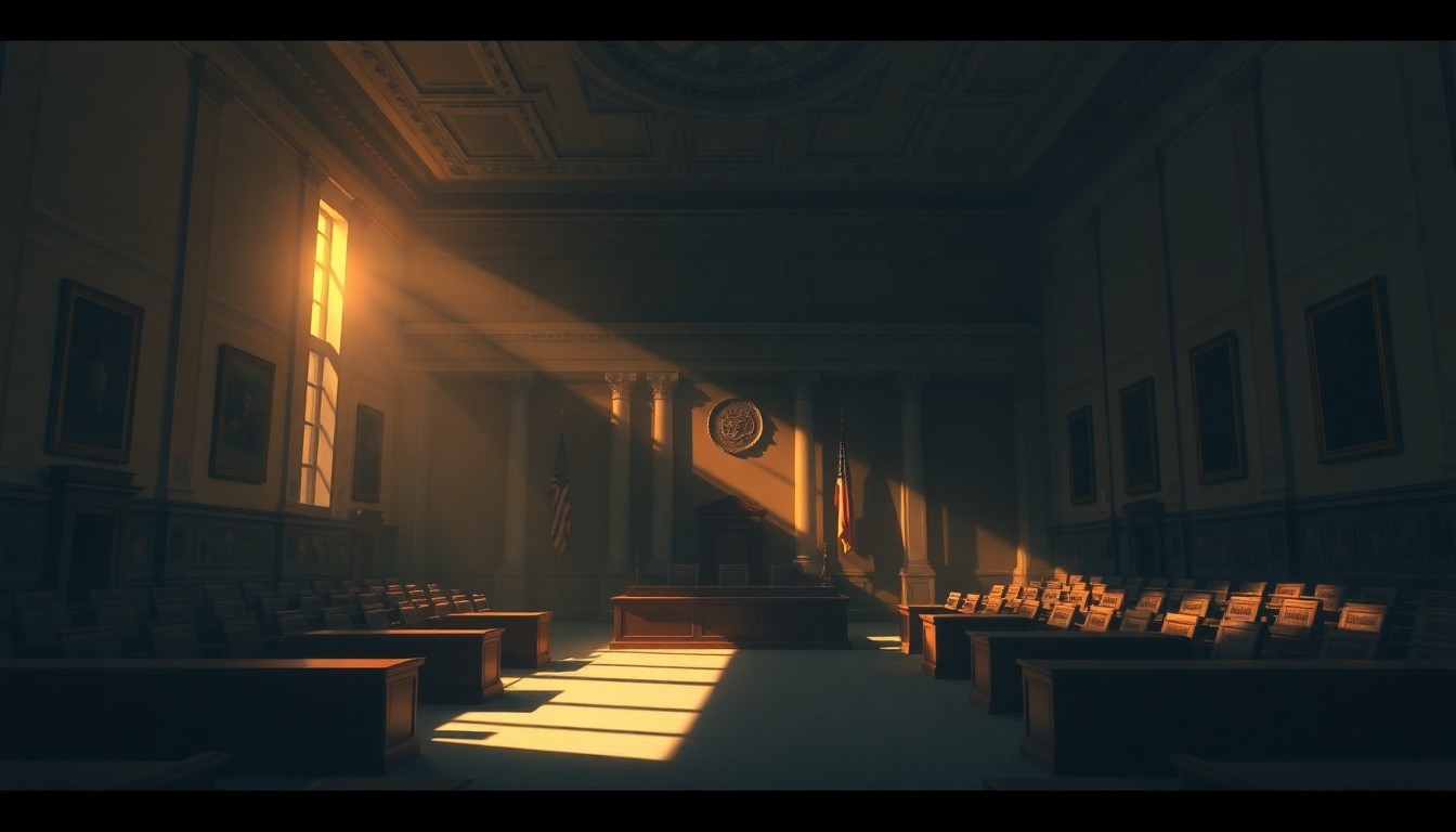 A dimly lit, cinematic painting of an empty government office or legislative chamber, with warm sunlight streaming through the windows and creating dramatic shadows across the room, conveying a sense of solitude and contemplation.