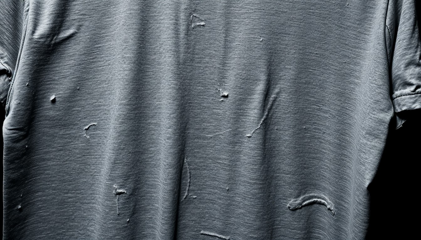 An extreme close-up of a distressed, faded Rolling Stones t-shirt fabric, captured in dramatic, high-contrast studio lighting to create a gritty, glamorous texture.