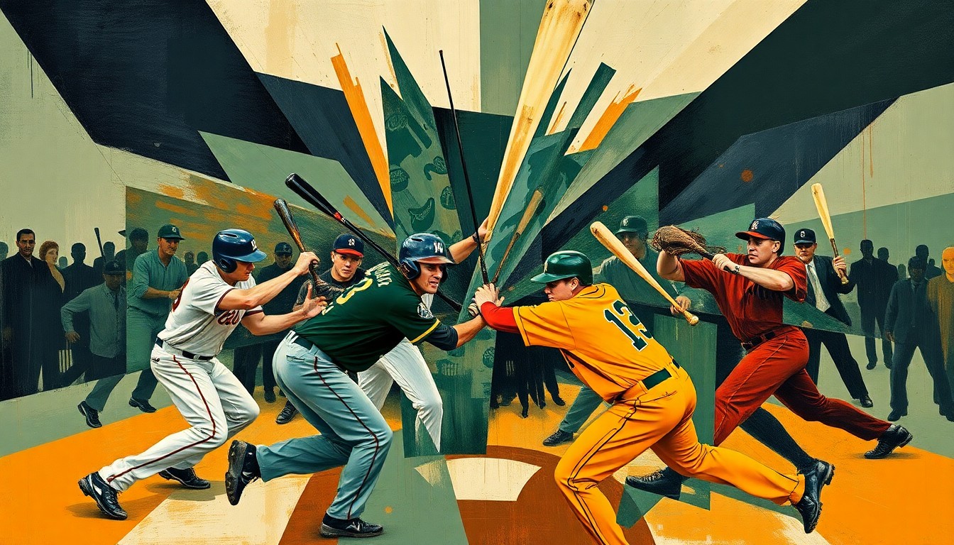 A fragmented, geometric painting depicting the chaotic moments of a baseball brawl, with overlapping planes of navy, green, and orange hues obscuring the identities of the players involved.