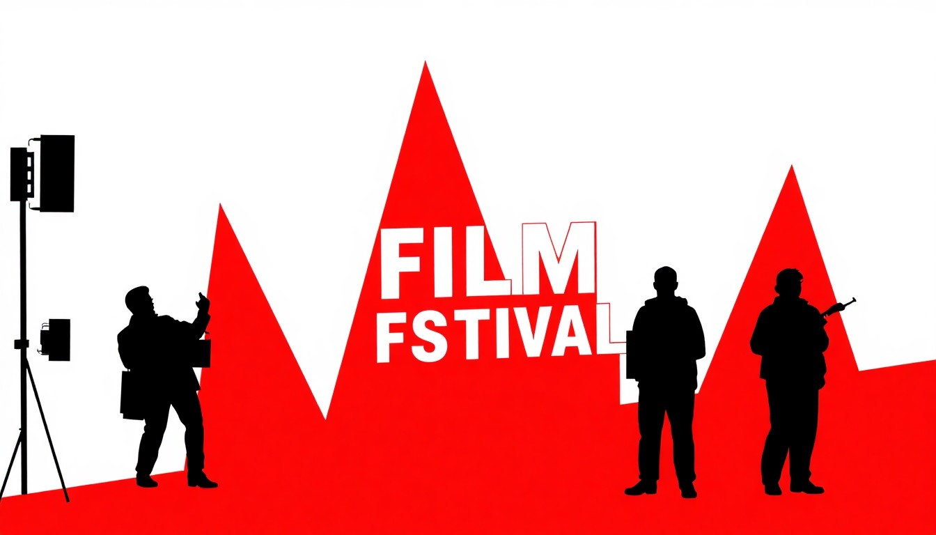 An abstract, minimalist illustration featuring bold, jagged shapes and silhouettes in high-contrast colors, conceptually representing the energy and artistry of an independent film festival.
