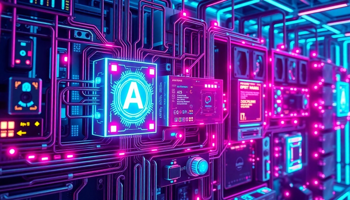 A highly detailed, glowing 3D illustration of a complex, interconnected network of AI-powered hardware components and infrastructure, bathed in neon cyan and magenta lights, conceptually representing the advanced technology powering enterprise-grade AI applications.