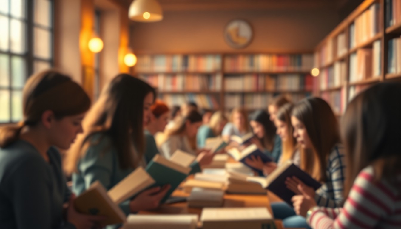 A softly blurred, impressionistic scene of students gathered in a university library, their faces obscured by warm pools of light and color, creating a contemplative and creative atmosphere.
