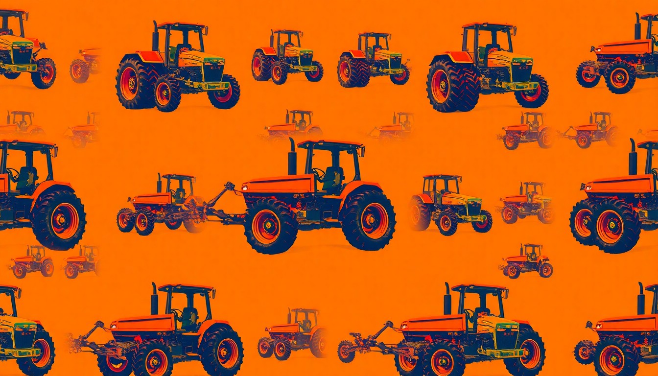 A brightly colored, high-contrast silkscreen-style illustration of a tractor or other farming equipment repeated in a tight grid pattern, using vibrant neon colors and heavy black outlines to transform an everyday agricultural tool into a modern pop art piece.
