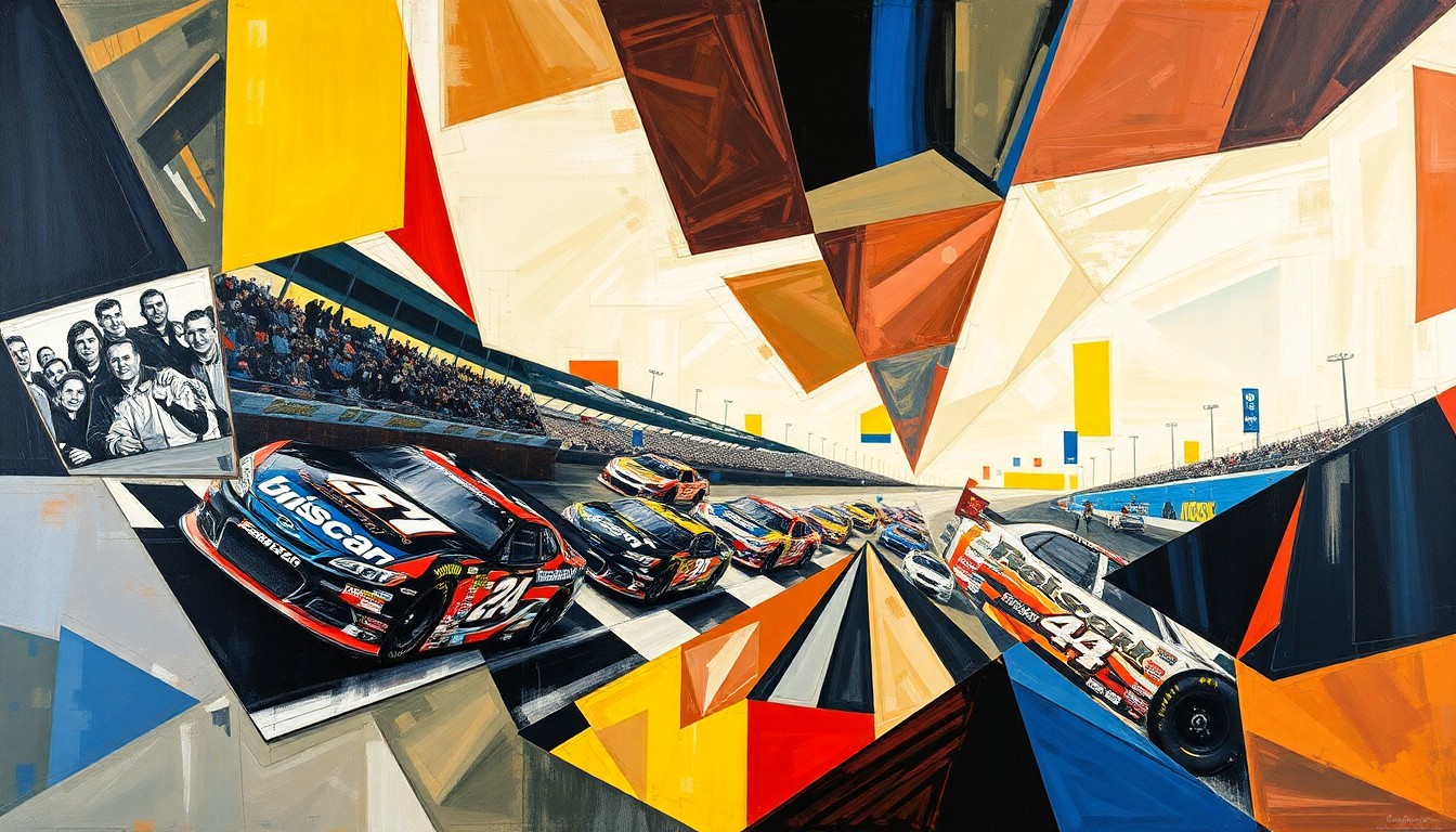 A fractured, multi-perspective painting featuring sharp, overlapping geometric planes in vibrant colors, capturing the raw energy and intensity of a NASCAR race at Bristol Motor Speedway.