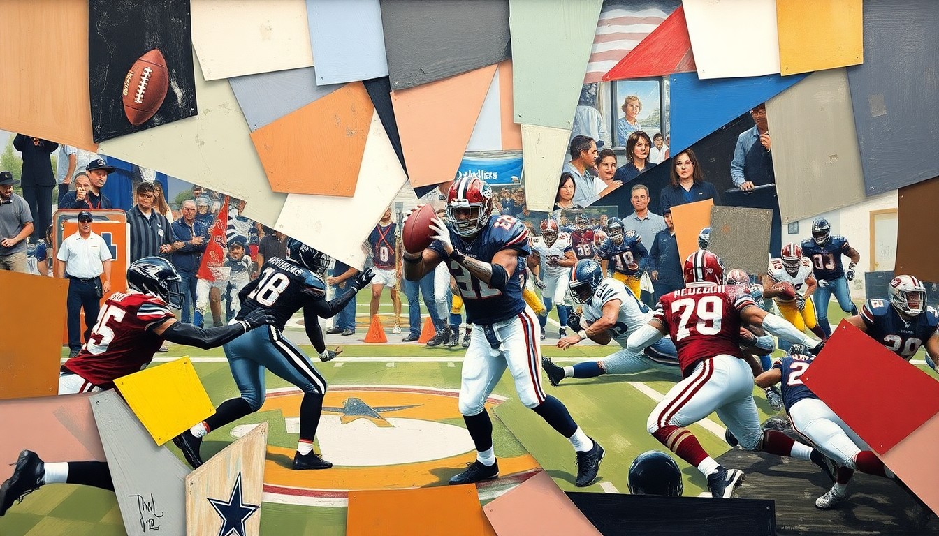 A cubist, geometric painting depicting a football quarterback in motion, with the player's form broken down into sharp, overlapping planes of color and shape.