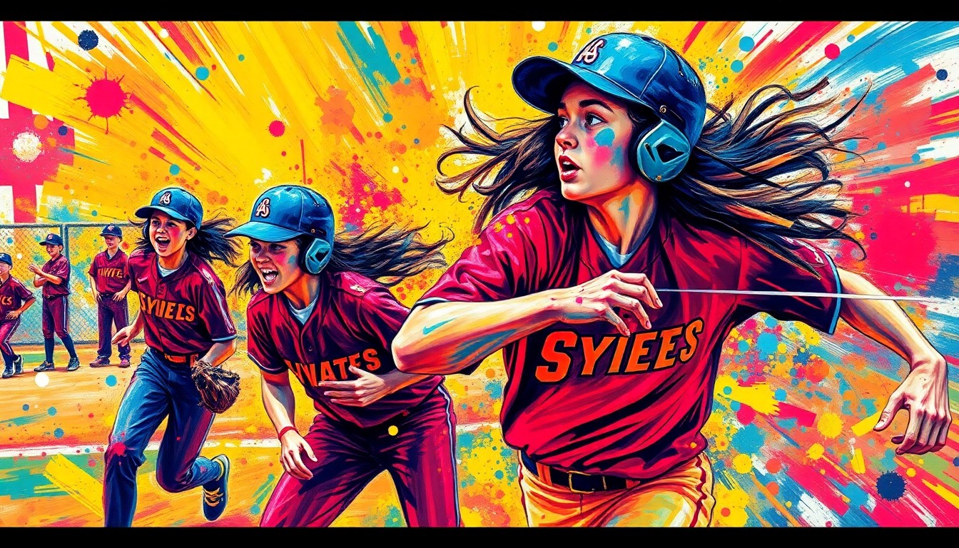 An abstract, energetic painting with bold, sweeping brushstrokes in neon greens, oranges, and blues, capturing the dynamic motion and intensity of a high school softball game.