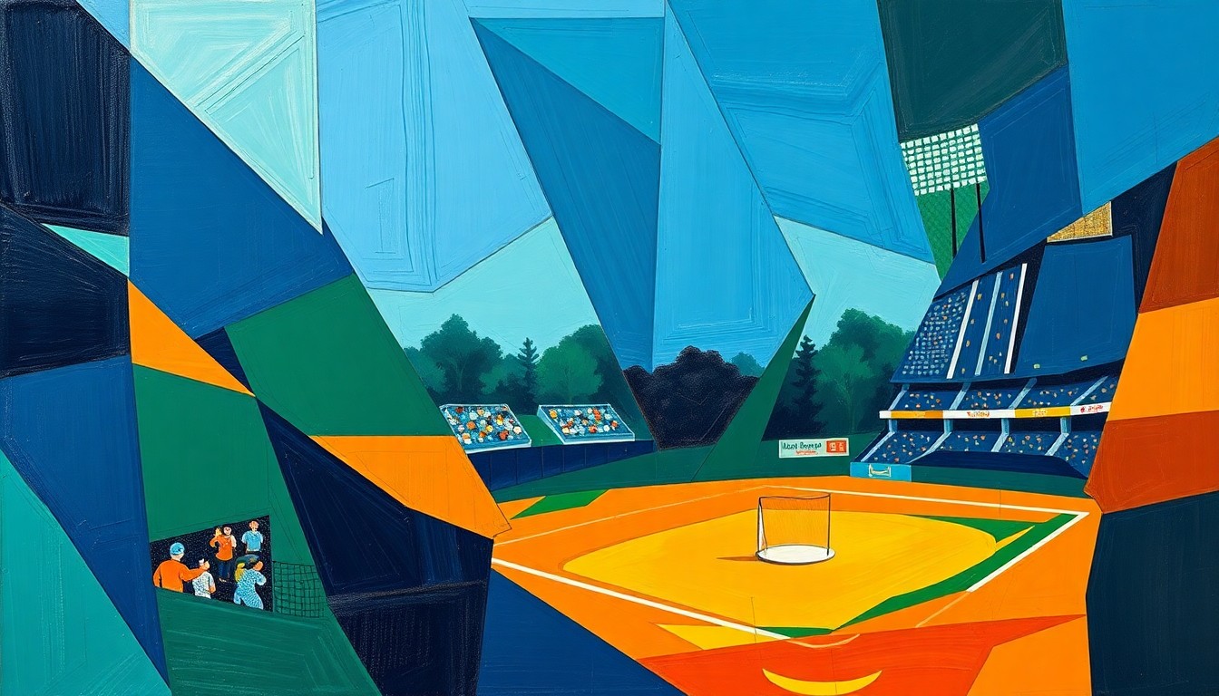A cubist, geometric painting depicting a high school baseball game, with overlapping planes of navy, green, and orange representing the dynamic action on the field.