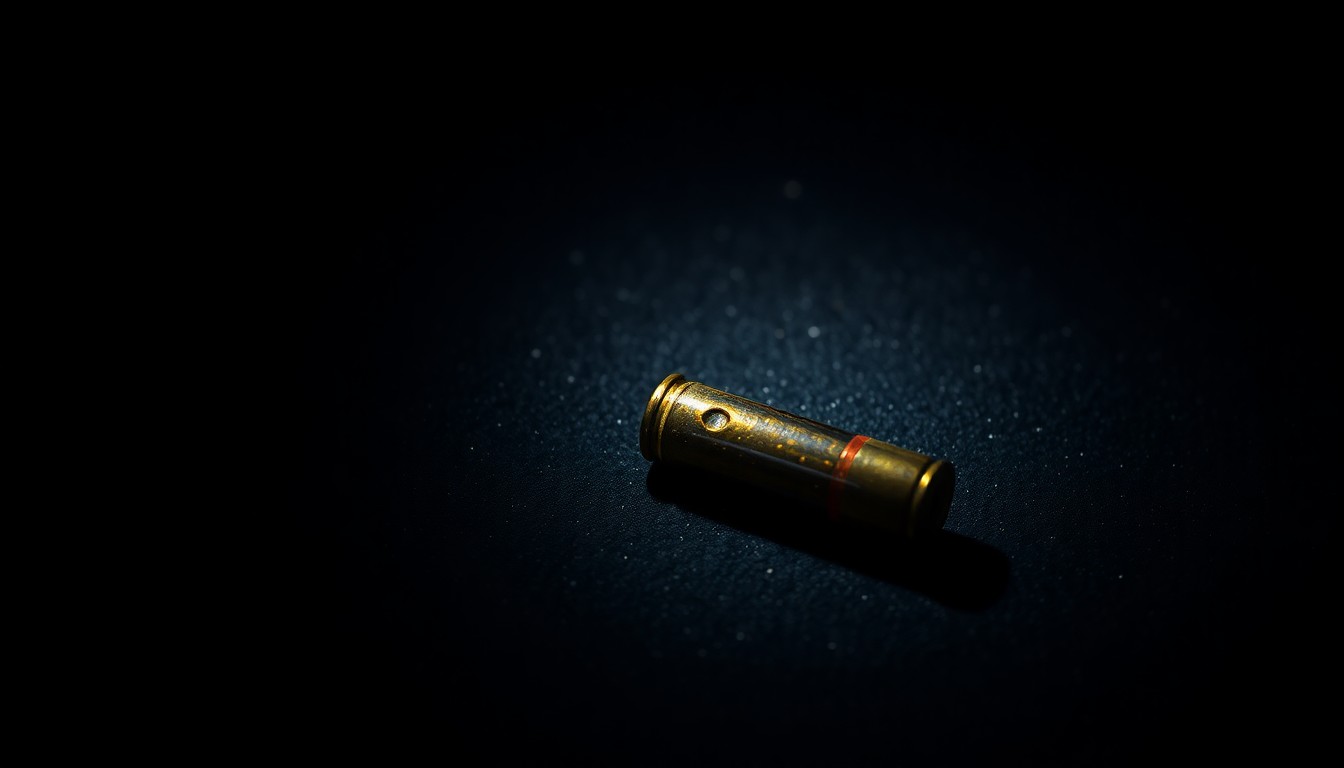 An extreme close-up photograph of a single spent bullet casing on a dark, textured surface, lit by a harsh, direct camera flash, conceptually illustrating the aftermath of a shooting incident involving first responders.