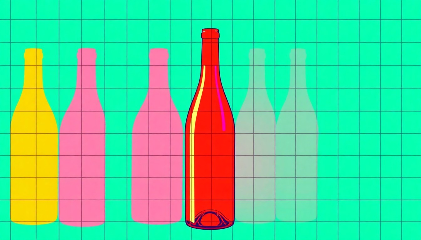 A bold, colorful silkscreen-style illustration featuring a repeating pattern of a single wine bottle in a grid, using a bright neon color palette and heavy black outlines to transform the iconic wine bottle into a modern pop art piece.