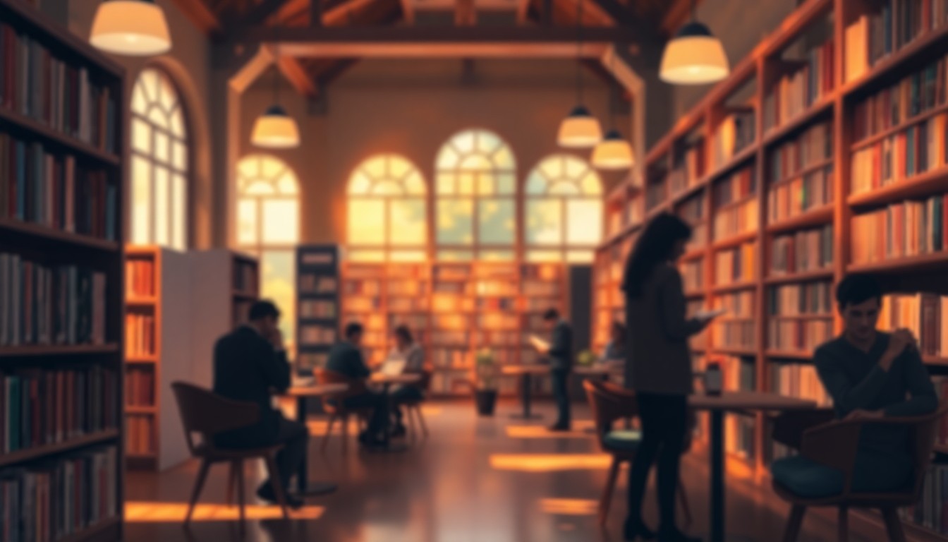 A dreamy, impressionistic scene of a library interior, with soft, blurred shapes of bookshelves, reading chairs, and the silhouettes of people, all bathed in warm, glowing light, conveying a sense of quiet contemplation and the power of storytelling.