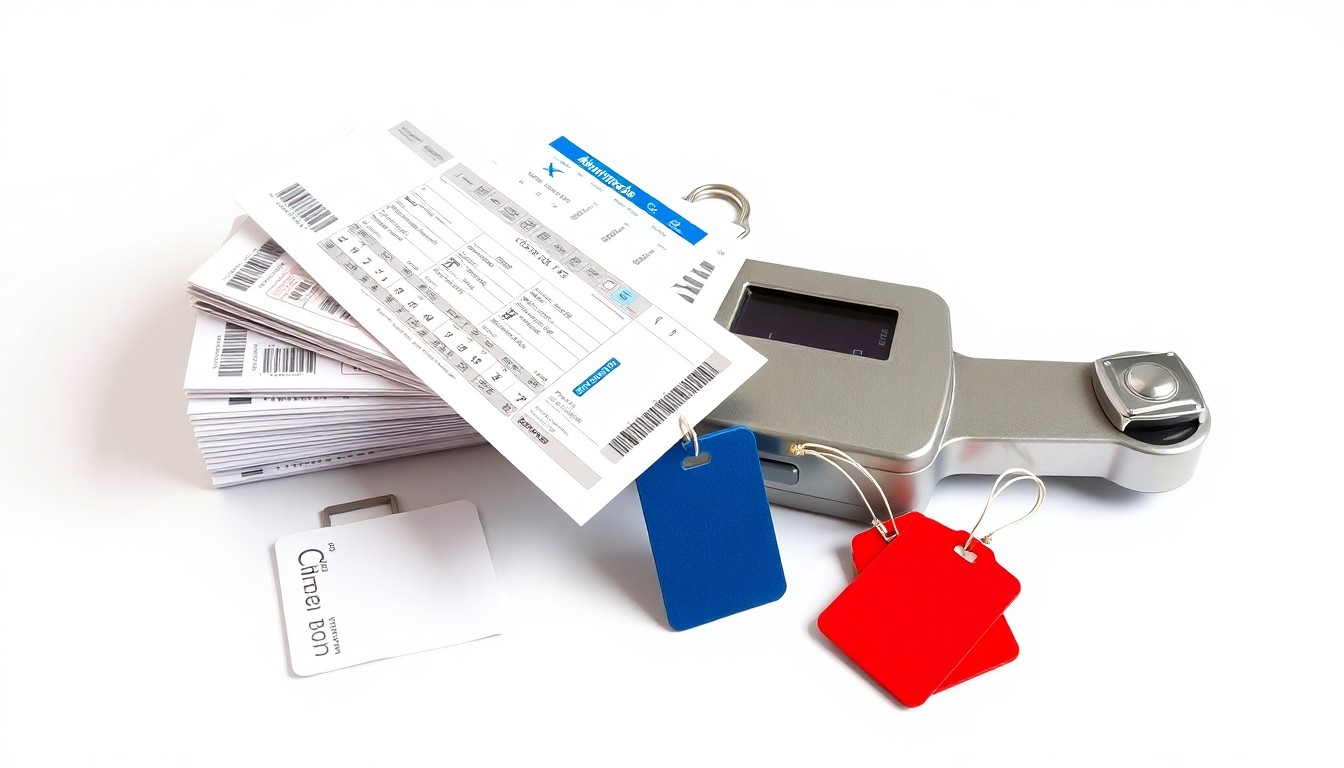 A minimalist studio still life photograph featuring a stack of airline boarding passes, luggage tags, and a metal luggage scale on a clean white background, conceptually representing the financial challenges facing the aviation industry.