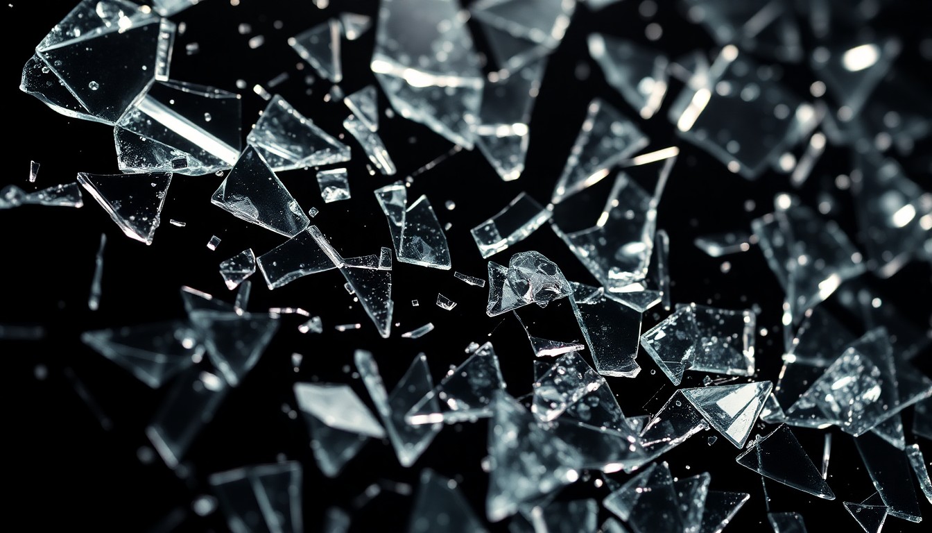 An abstract close-up photograph of shattered glass shards reflecting dramatic studio lighting, conveying a sense of fragility and the lasting impact of natural disaster.