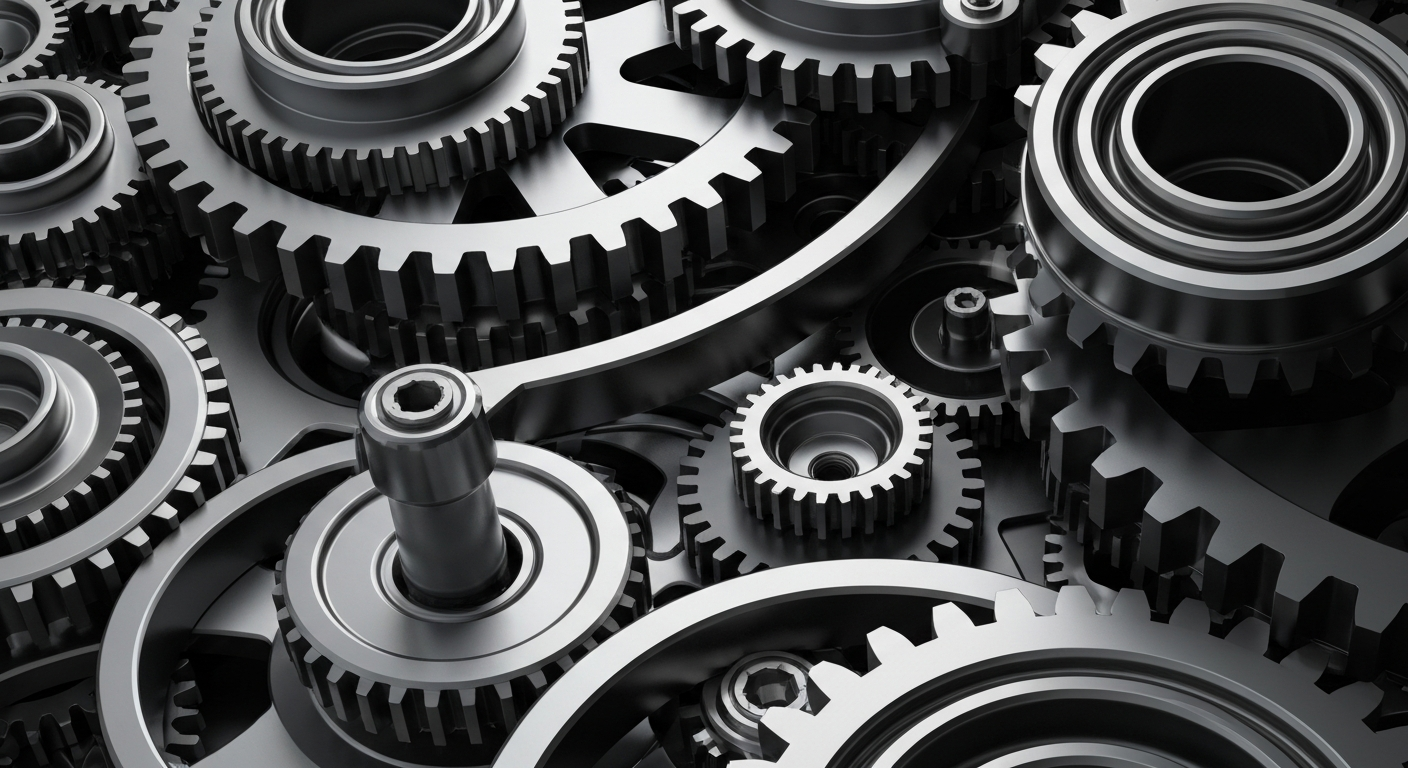 An extreme close-up of complex, interlocking metal gears and machinery in shades of silver, steel, and black, conveying the sophisticated financial infrastructure and technological prowess of a leading semiconductor company.