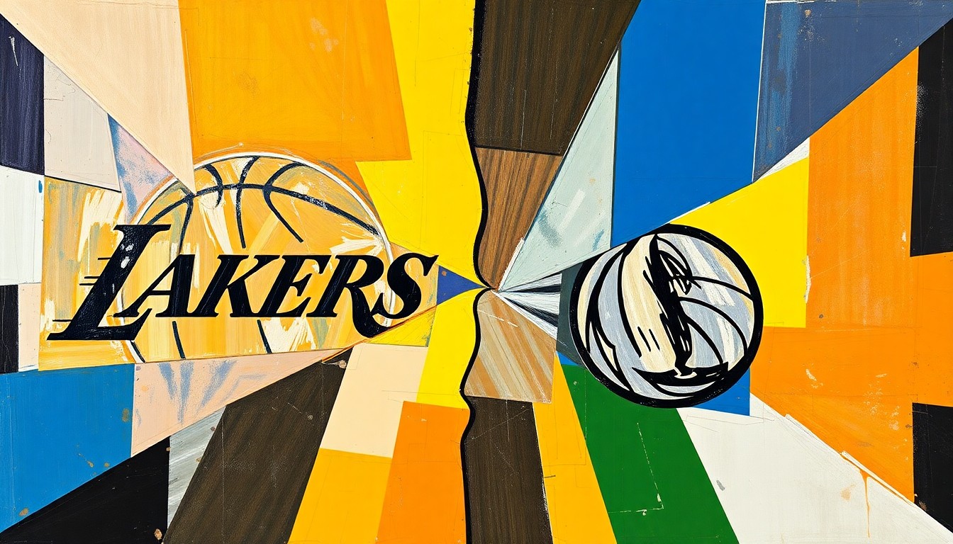 A cubist, geometric painting depicting the trade between the Lakers and Mavericks, with overlapping shapes and planes representing the complex transaction.