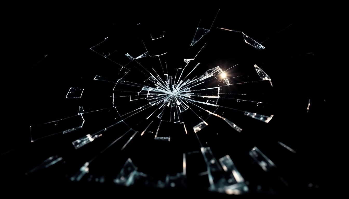 An extreme close-up photograph of a shattered car windshield, the glass fractured and reflecting a harsh, direct camera flash against a pitch-black background, conceptually representing the violence of the hammer attack.