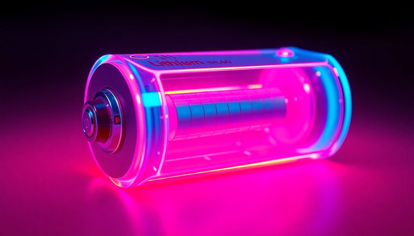 A highly detailed 3D macro illustration of a glowing, illuminated lithium-ion battery cell in neon cyan and magenta hues, conceptually representing the technological infrastructure and potential fire risks of uncertified e-bike power sources.