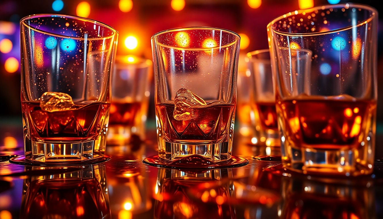 An abstract close-up photograph featuring the shimmering textures of whiskey glasses and spilled liquid, conveying the luxurious, high-energy atmosphere of a music festival.