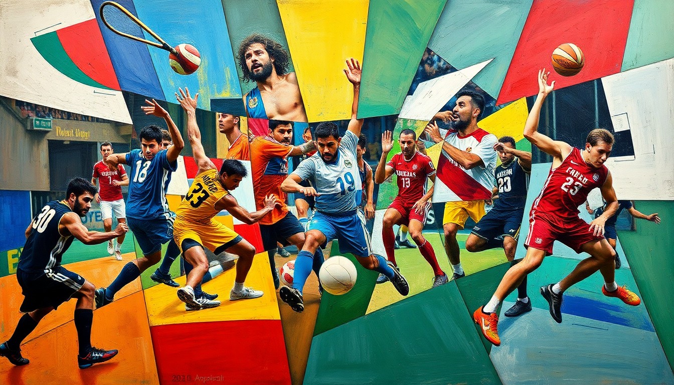 A fragmented, geometric painting depicting various sports scenes, with players and equipment broken down into sharp, overlapping shapes and planes of color.