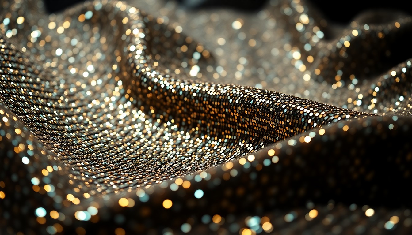 An extreme close-up of shimmering, textured fabrics in rich colors like gold and burgundy, conceptually representing the luxurious aesthetic of a new Prime Video series set in the country music industry.