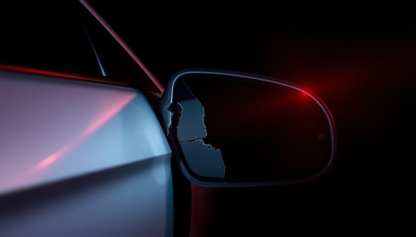 An extreme close-up photograph of a damaged side mirror from a silver sedan, reflecting a faint red light against a pitch-black background, conceptually illustrating the aftermath of a hit-and-run crash.