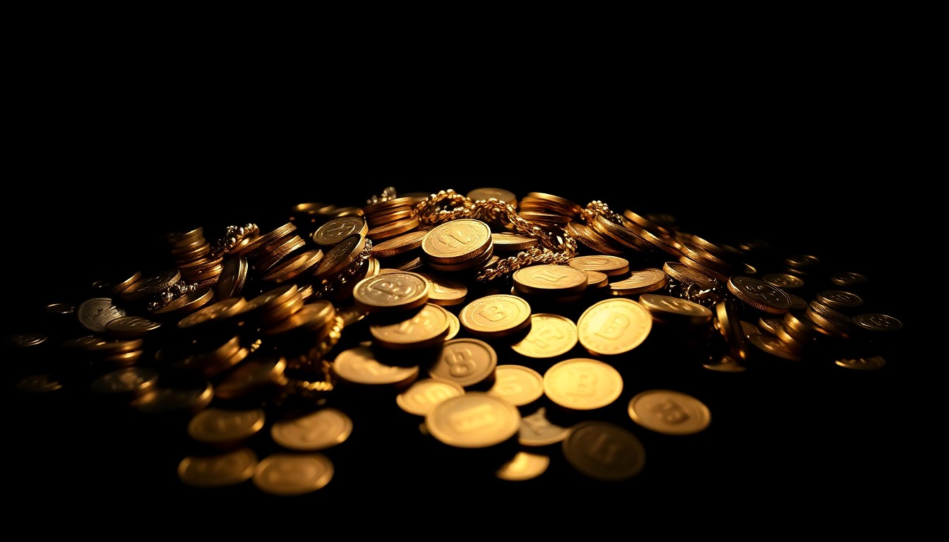 An extreme close-up photograph of a pile of gold coins and jewelry, lit by a harsh, direct camera flash against a pitch-black background, creating a stark, gritty, investigative aesthetic that conceptually represents the financial exploitation of senior citizens.