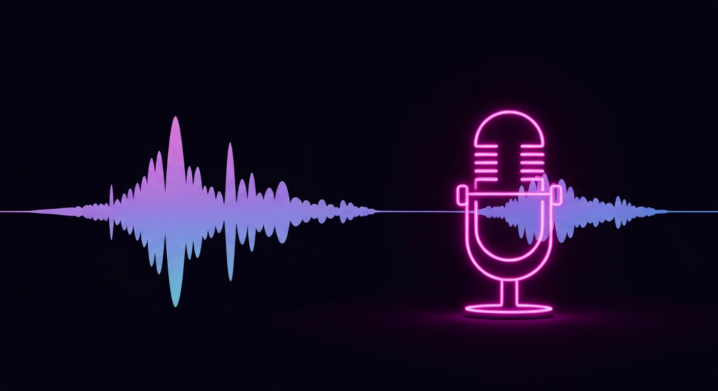 A minimalist design in the style of Keith Haring where a microphone and audio waveform are defined entirely by vibrant neon lines against a deep, dark background, emphasizing the concept of a new government health podcast.