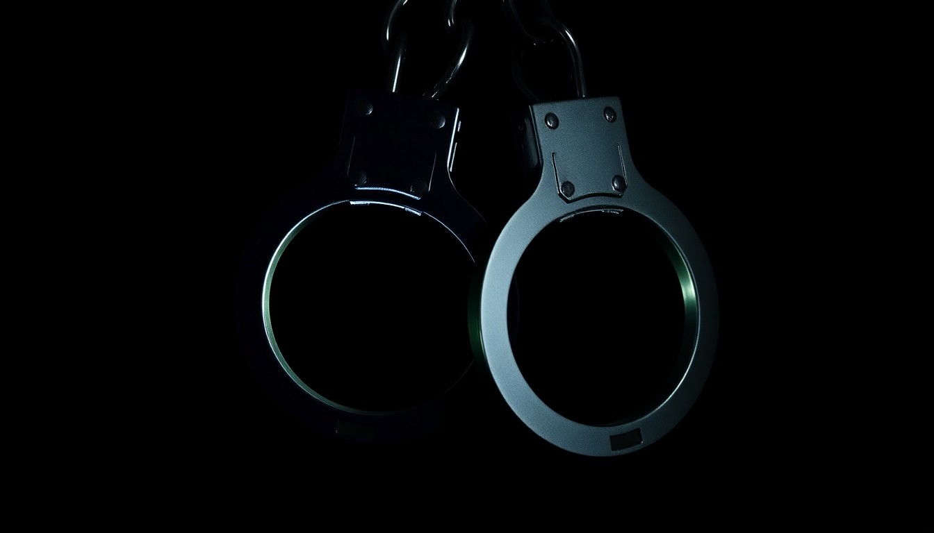 An extreme close-up photograph of a set of metal handcuffs against a black background, creating a stark, gritty visual that conceptually represents a criminal investigation.