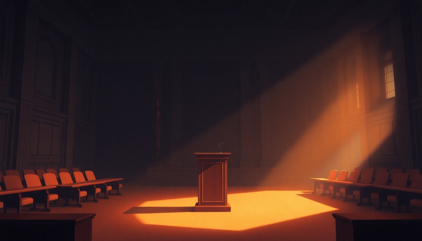A solitary city council podium stands alone in a dimly lit municipal chamber, with warm sunlight casting deep shadows across the scene, evoking a sense of contemplation and civic responsibility.
