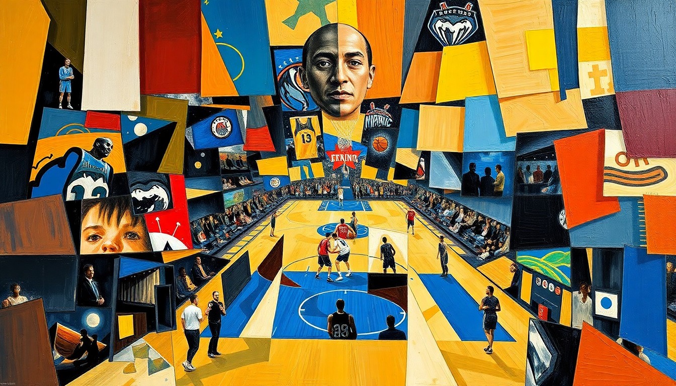 A cubist, geometric painting depicting a basketball game between the Minnesota Timberwolves and Orlando Magic, with the players and court broken down into sharp, overlapping shapes and planes of color.