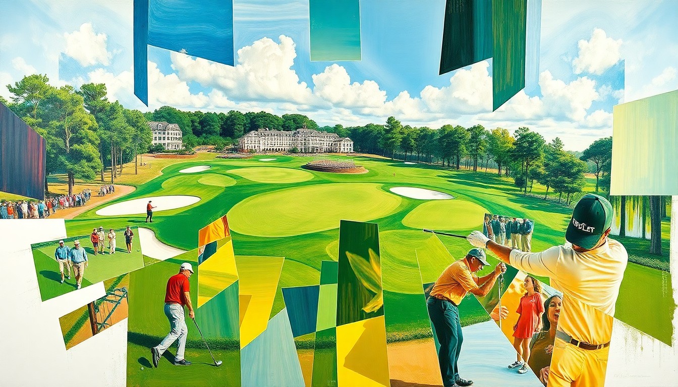 A fractured, multi-perspective painting featuring sharp, overlapping geometric planes in various shades of green, representing the iconic Augusta National Golf Club course and the dynamic movements of professional golfers.