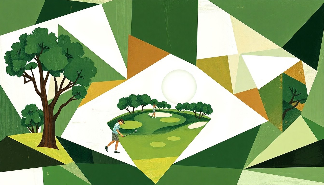 A cubist, geometric painting depicting a fragmented, multi-angled view of a girls' golf tournament, with sharp planes of green fairways, brown bunkers, and white golf balls, conveying the competitive energy and skill of the Ada High team's performance.