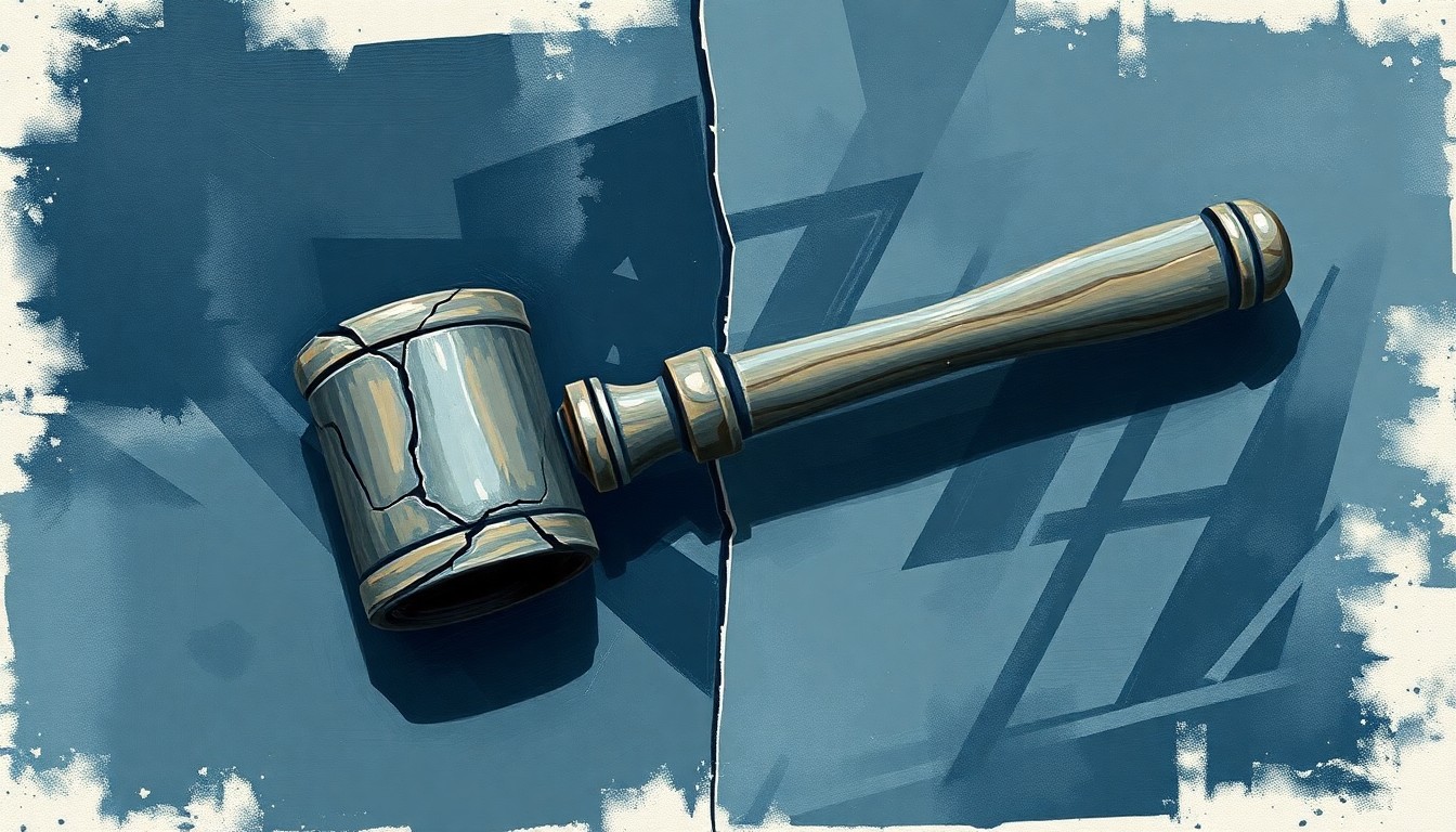 A fractured, abstract painting of a weathered gavel in shades of navy, slate, and charcoal, conveying the divisive political battle over climate change policy.