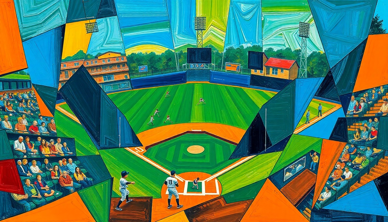 An abstract, cubist-style painting depicting the dynamic movements and overlapping perspectives of a high school baseball game, with players and the field deconstructed into sharp, geometric shapes and planes in a palette of blues, greens, and oranges.