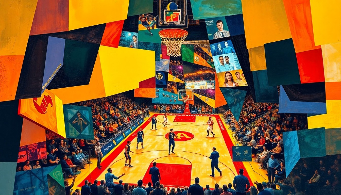 A cubist, geometric painting depicting the fragmented movements and perspectives of a college basketball game, with sharp planes of color representing the players, hoops, and court.