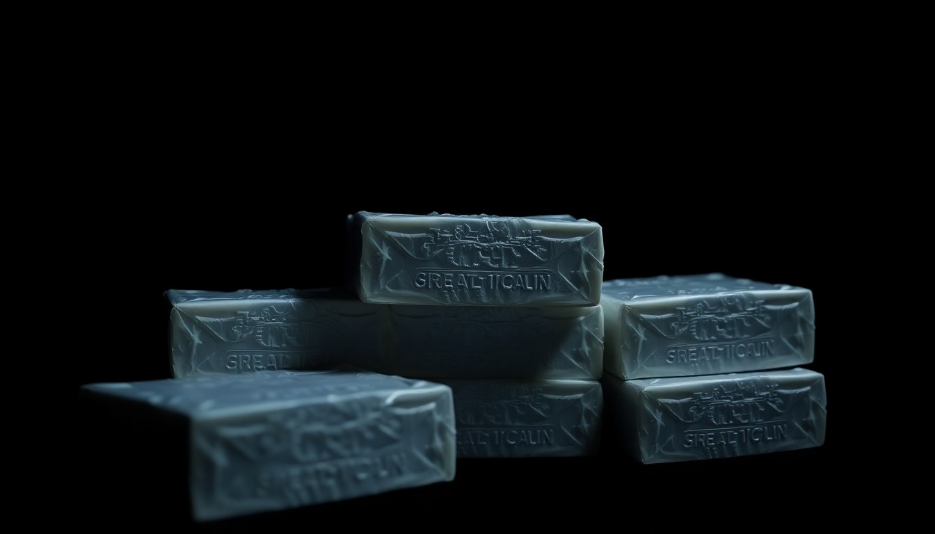 An extreme close-up photograph of tightly packaged cocaine bricks against a pitch-black background, conceptually illustrating the scale and logistics of a regional drug trafficking operation.
