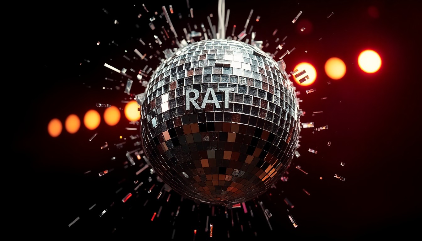 An extreme close-up photograph of shattered glass shards from a disco ball, reflecting dramatic studio lighting to create a glitzy, high-contrast visual texture.