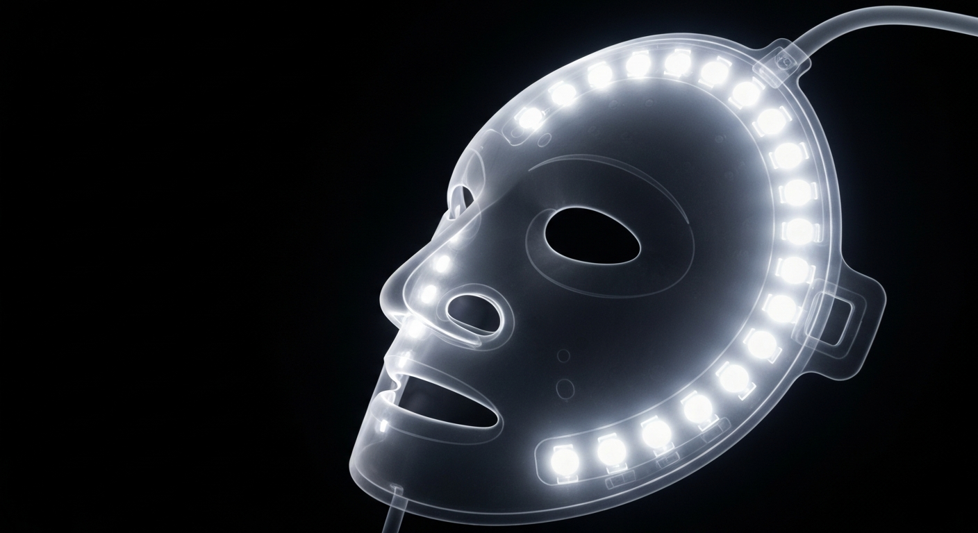A ghostly, translucent X-ray image revealing the intricate internal structure of a LED-powered facial mask, its soft glow illuminating the dark background and suggesting the therapeutic benefits of this new skin care technology.