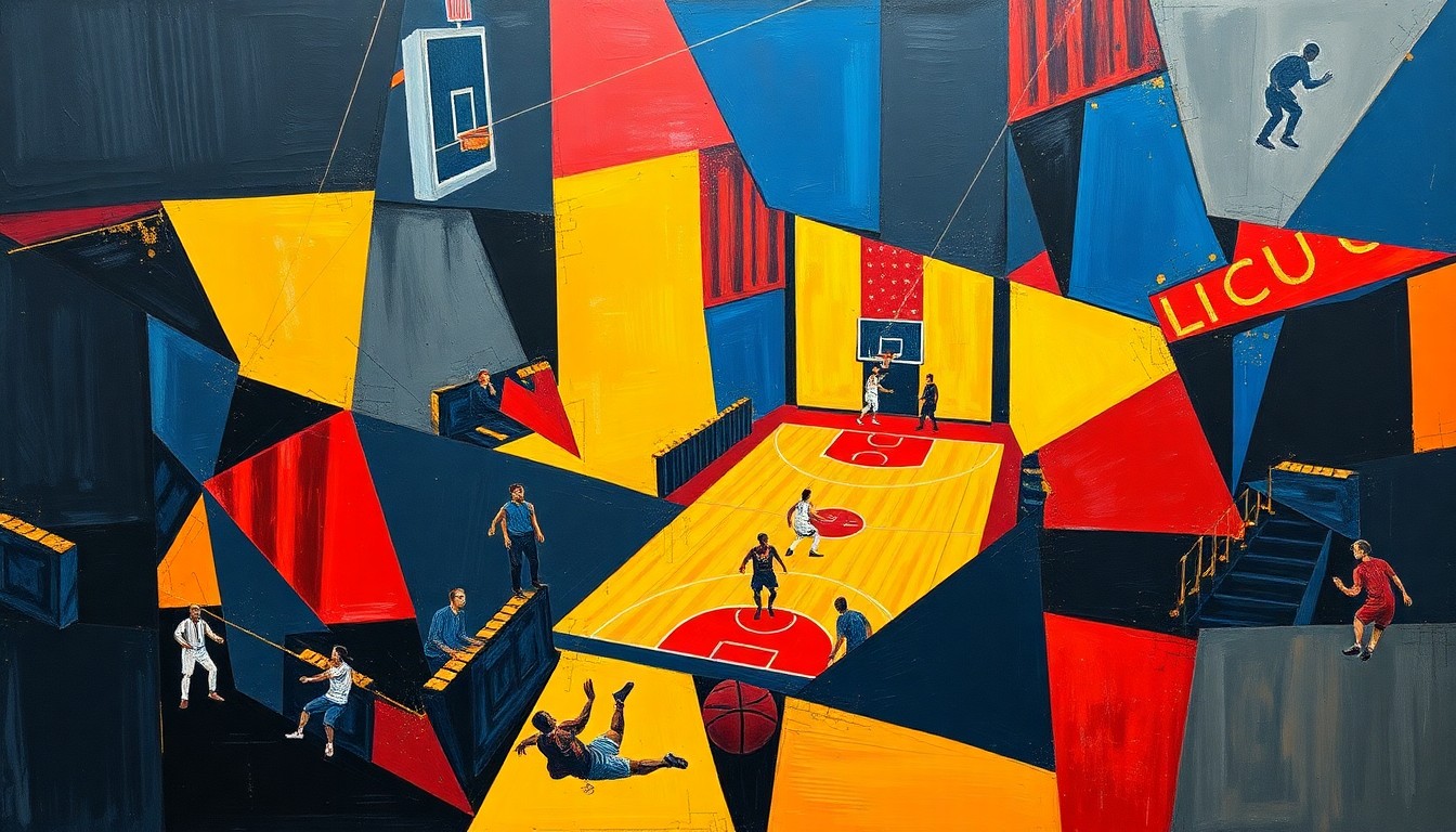 A fragmented, geometric painting depicting the overlapping movements and perspectives of a basketball game, with sharp planes of navy, crimson, and gold conveying the energy and tension of the upcoming playoff push.
