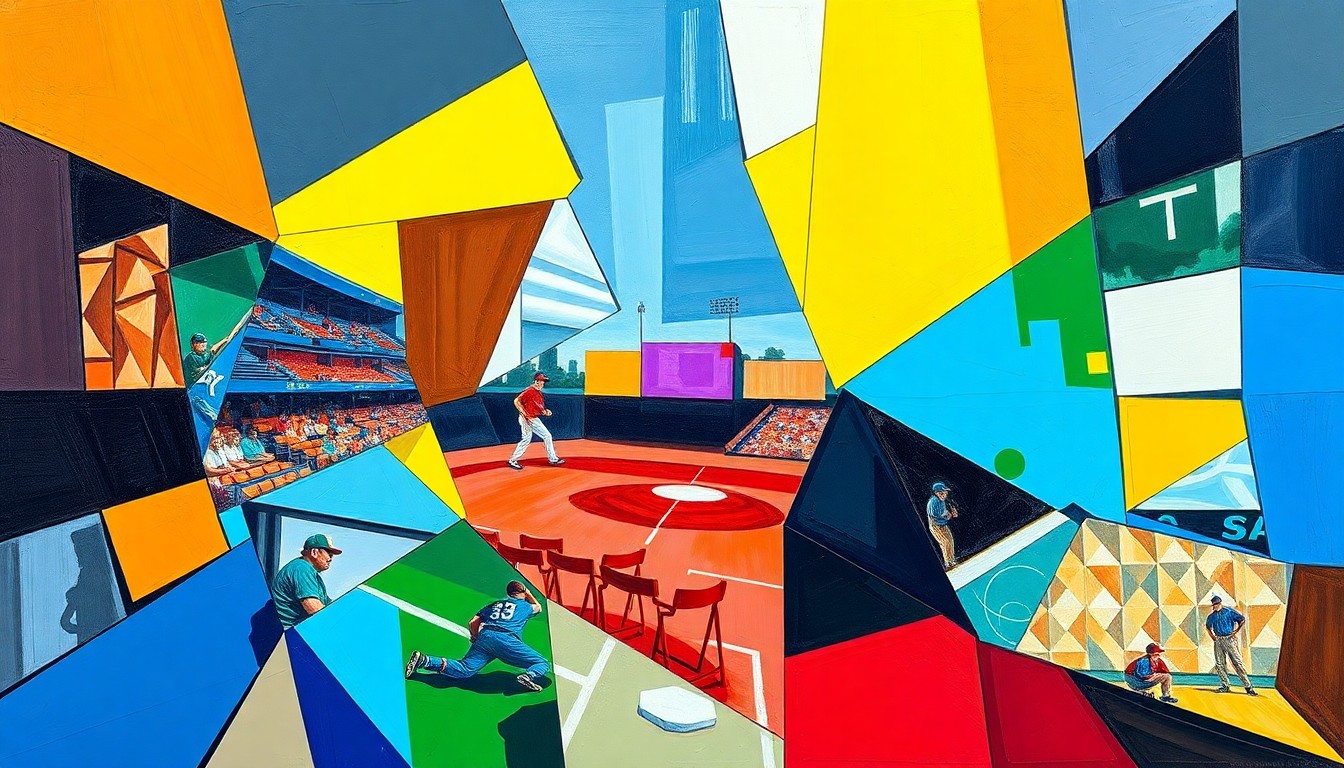 A cubist, geometric painting depicting a high school baseball or softball game, with the players and field broken down into sharp, overlapping planes of vibrant colors representing the official team colors of the schools mentioned in the story.