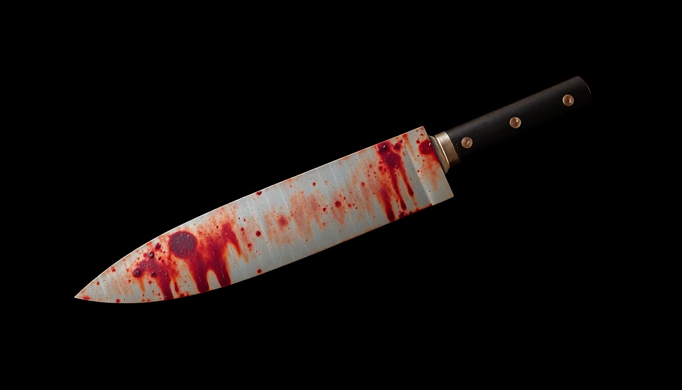 An extreme close-up photograph of a rusted, bloodstained knife, capturing the stark, gritty details of the murder weapon used in this tragic crime.