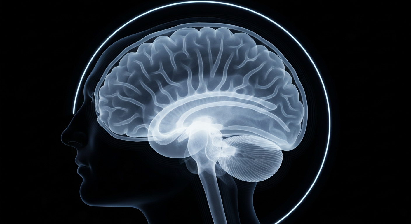 An extreme close-up X-ray photograph of a human brain, with a faint neon outline pulsing around it, conceptually representing the internal workings and connectivity of the mind.