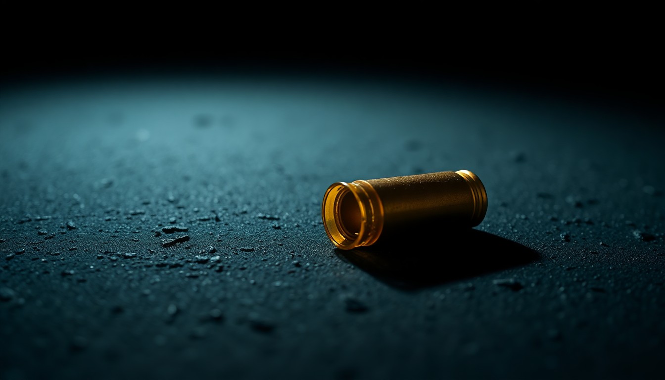 An extreme close-up photograph of a single spent bullet casing on a dark, textured surface, lit by a harsh, direct camera flash, conceptually representing the aftermath of a violent crime.