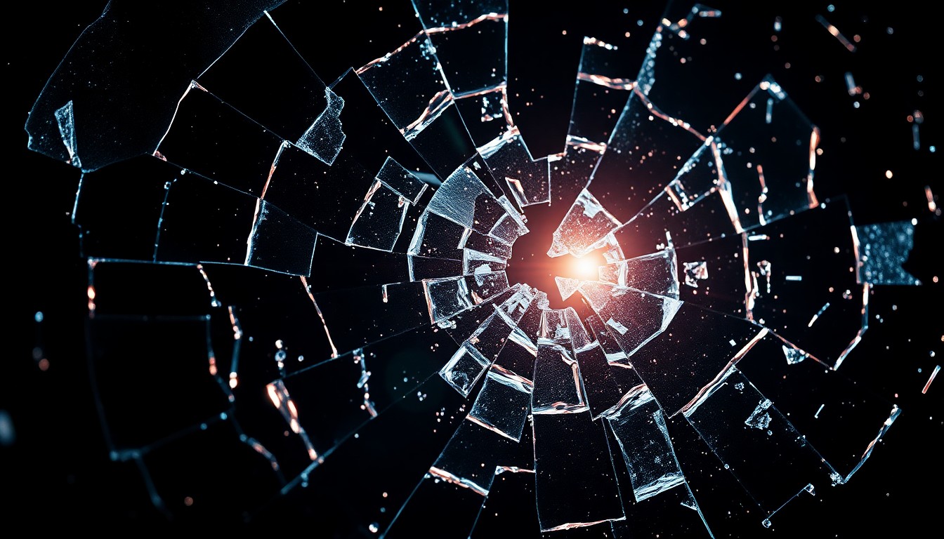 An extreme close-up photograph of shattered glass reflecting dramatic studio lighting, conveying the high-tension, glamorous aesthetic of a prestige medical television drama.