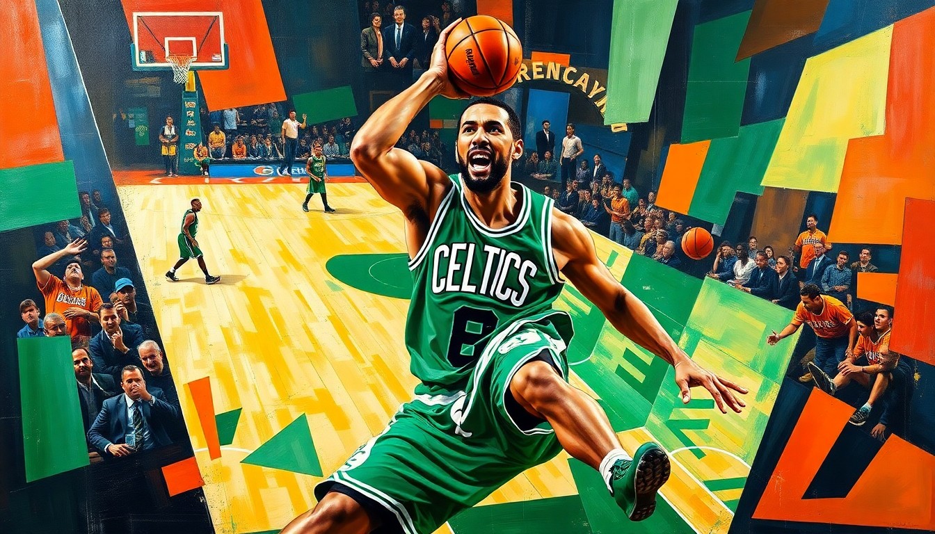 A cubist, geometric painting depicting a basketball player's movement and emotions, with sharp, overlapping planes in shades of green and orange.