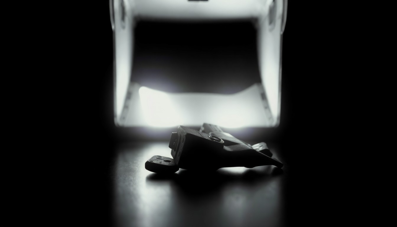 An extreme close-up photograph of a broken toy or piece of the FedEx truck's interior, dramatically lit by a harsh flash against a dark background, conceptually representing the tragic violence that occurred during a routine holiday delivery.