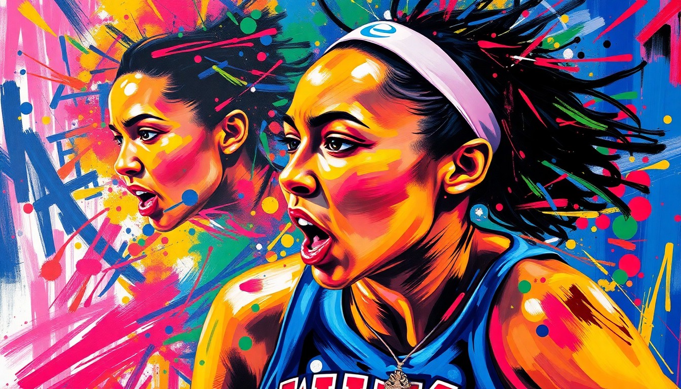 An abstract, expressionist painting in neon colors depicting the dynamic movements and energy of a WNBA player, with faces and details dissolving into vibrant brushstrokes.