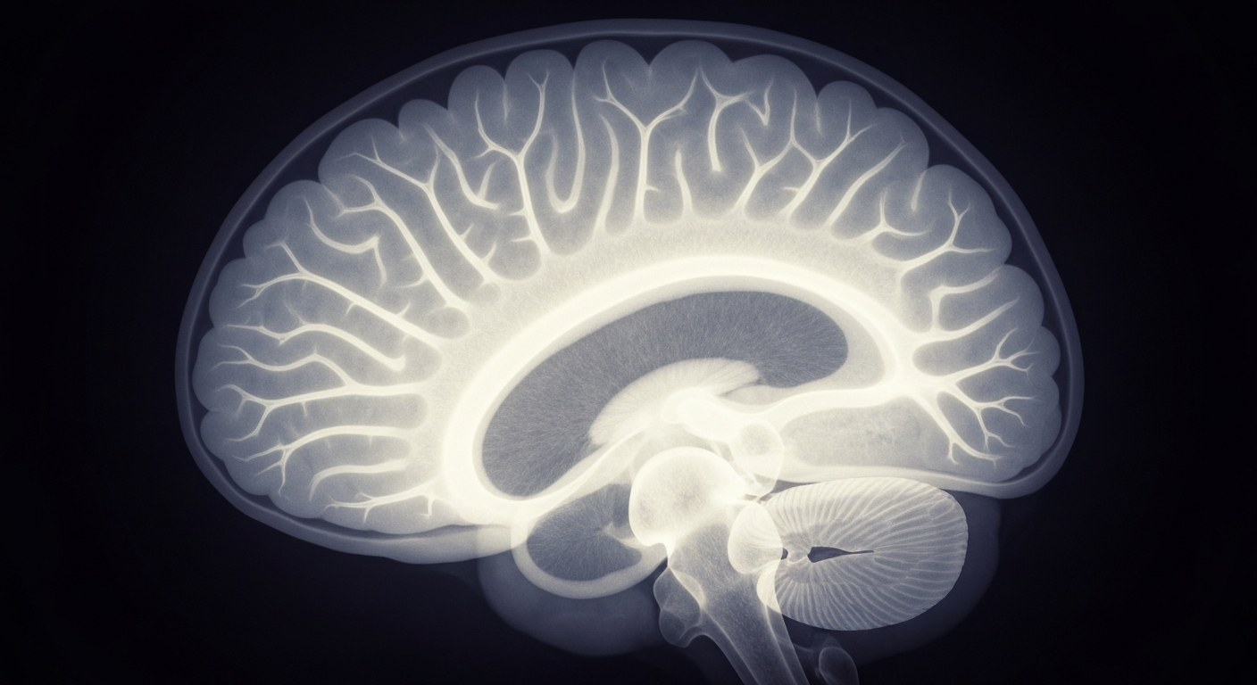 A ghostly, translucent X-ray image of a human brain, with glowing neural pathways and structures, conceptually representing the intimate, revealing nature of the new government health podcast.