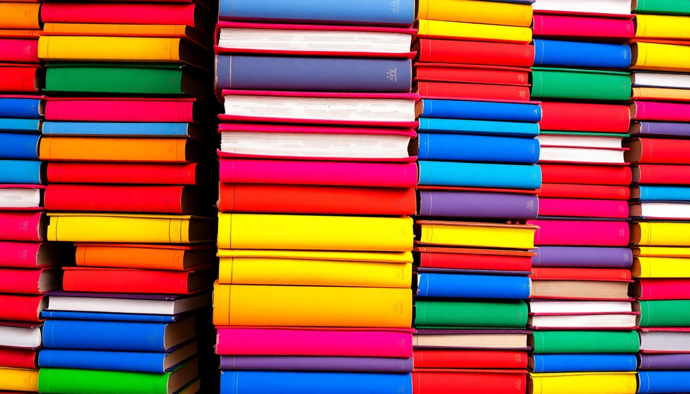 A bold, colorful silkscreen-style illustration featuring a grid of stylized book spines in bright, neon-like hues, conceptually representing the diverse array of literary events and experiences available across Colorado.